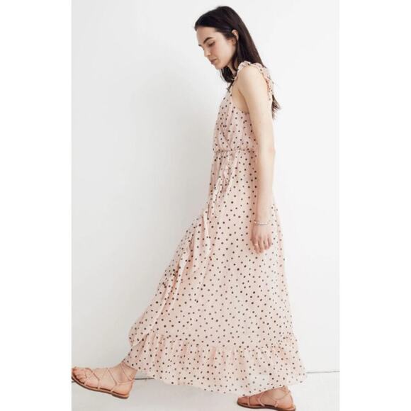 Madewell 00 Ruffle Strap Maxi Dress Pink Polka Dot Hourglass V Neck Sleeveless - Picture 1 of 9